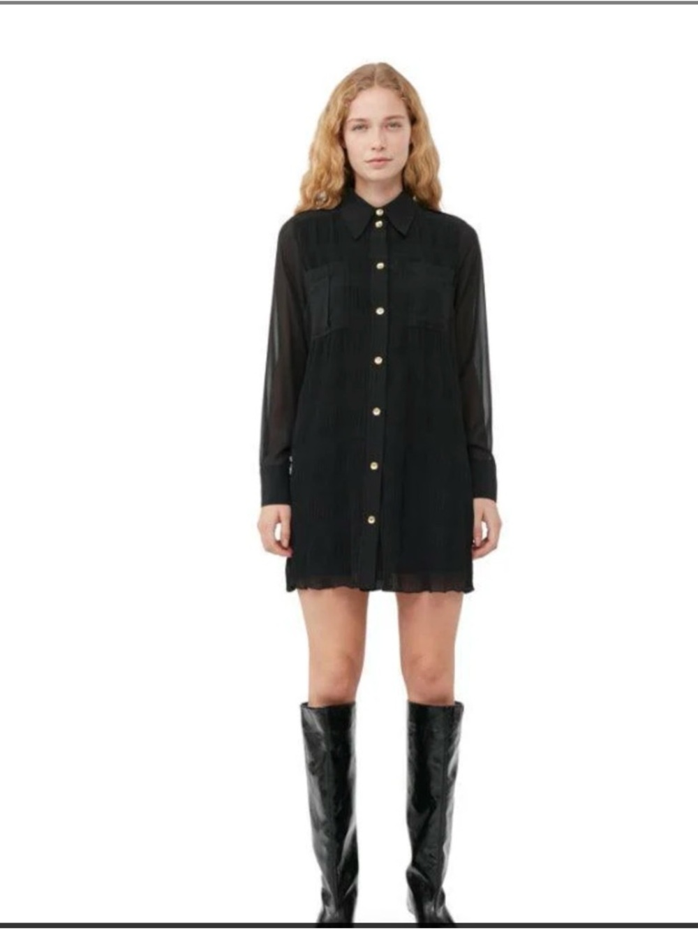GANNI Pleated Georgette Shirt Dress